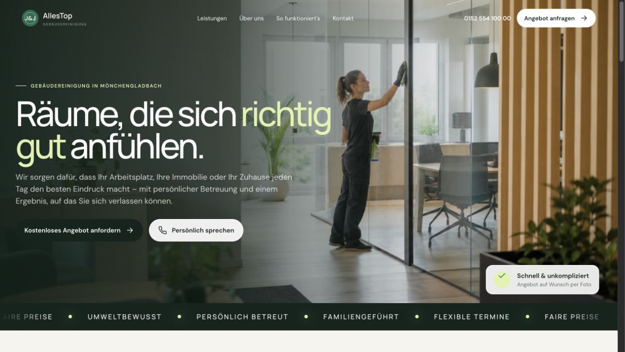 AllesTop Reinigungskonzept mit grüner Gestaltung und großem Bildmotiv