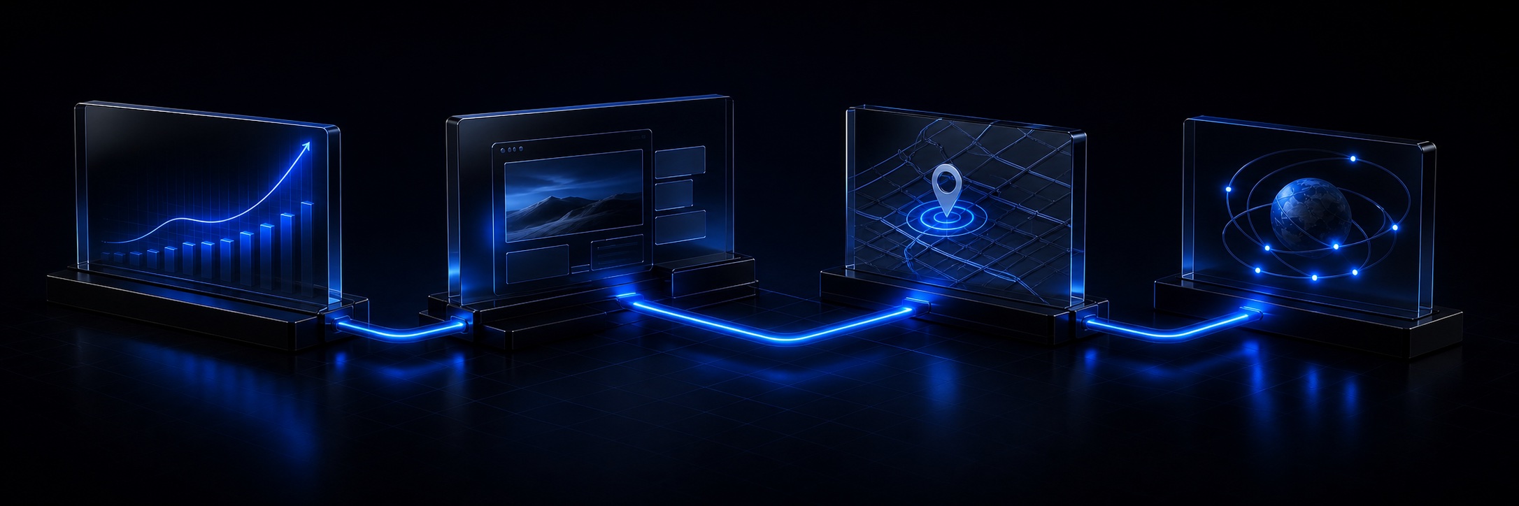 Vier verbundene digitale Module als Symbol für Web, Google, SEO und Social
