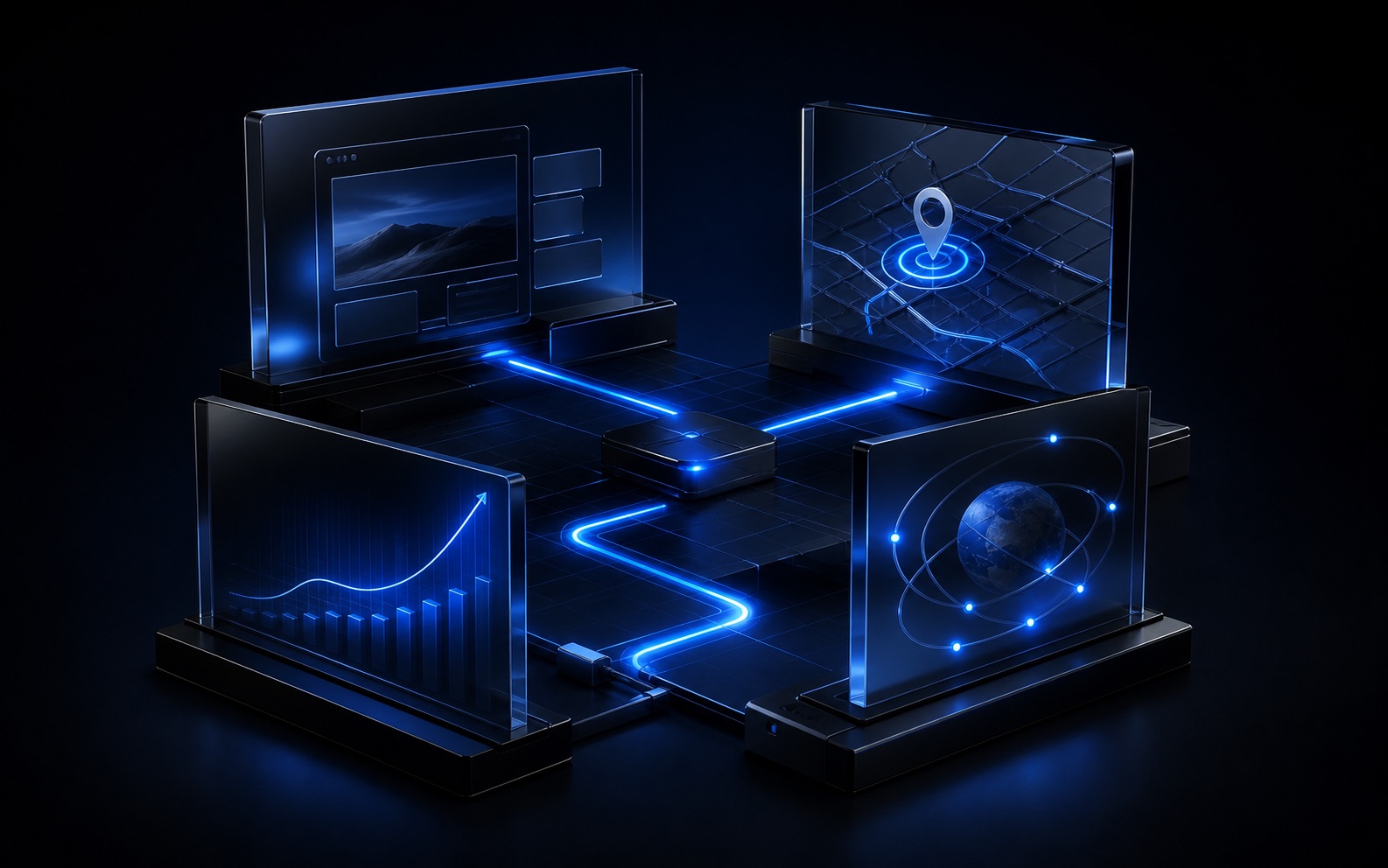 Vier verbundene digitale Module als Symbol für Web, Google, SEO und Social